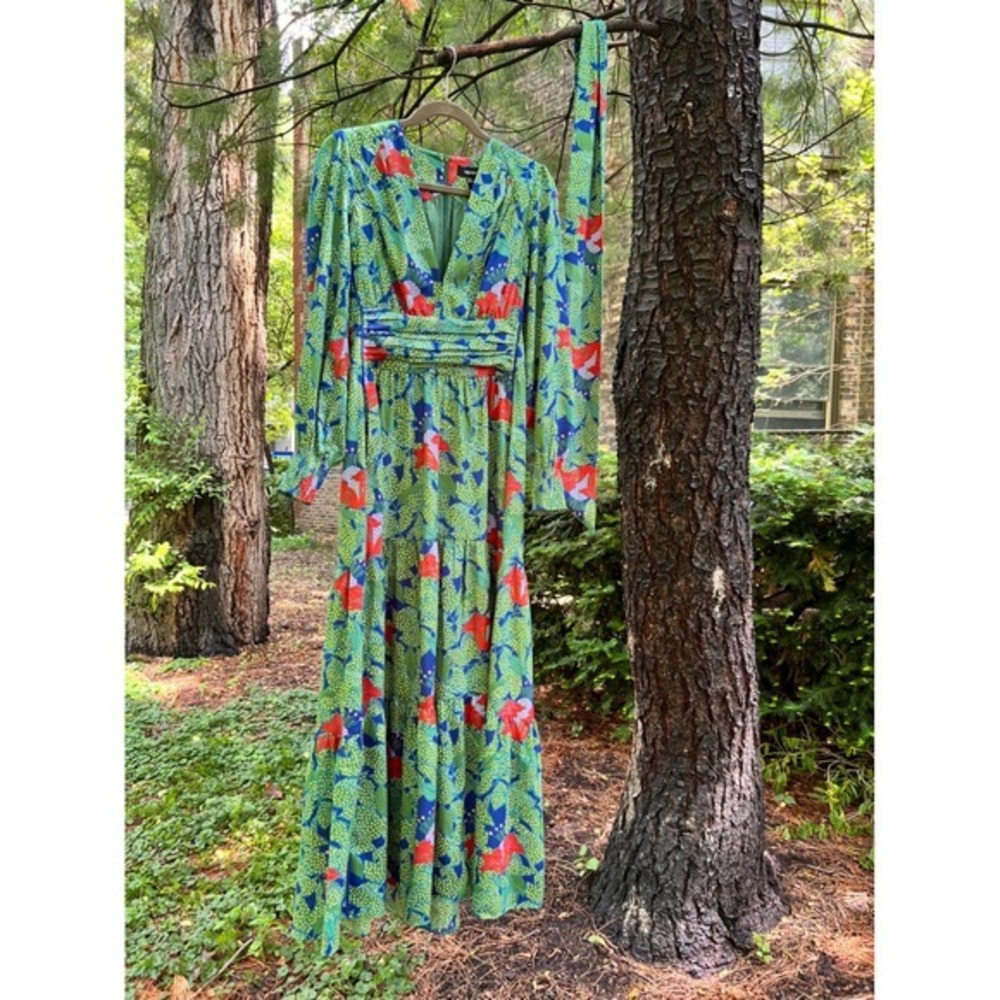 ME+EM Satin Rainforest Maxi Dress Womens 6 Green LNWOT Floral Tiered Scarf SS23